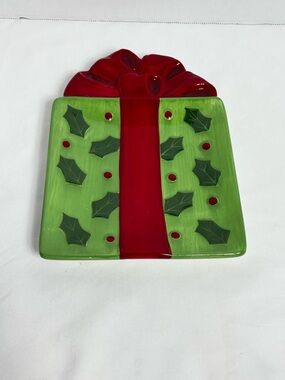 Glass Holiday Present Platter in Red and Green